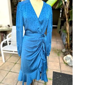 Veronica Beard Miriam Draped Cerulean Blue Satin Long Sleeve Midi Dress Size 4